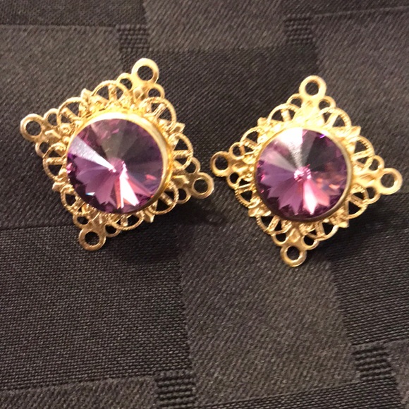 Gold & Purple stone clip on earrings - Picture 2 of 4